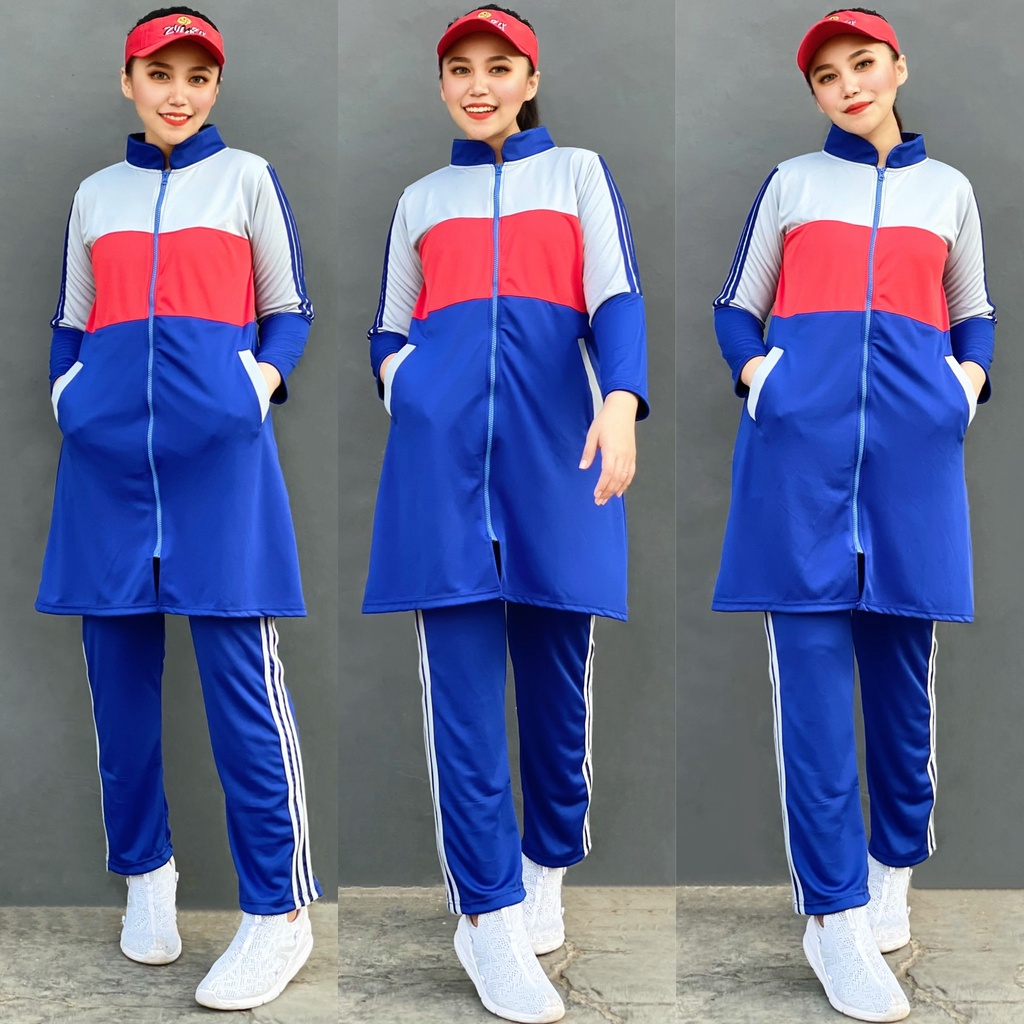 Setelan Tunik Olahraga Muslimah Panjang Colorblock Biru Baju Training Set Senam Gym Training Jogging