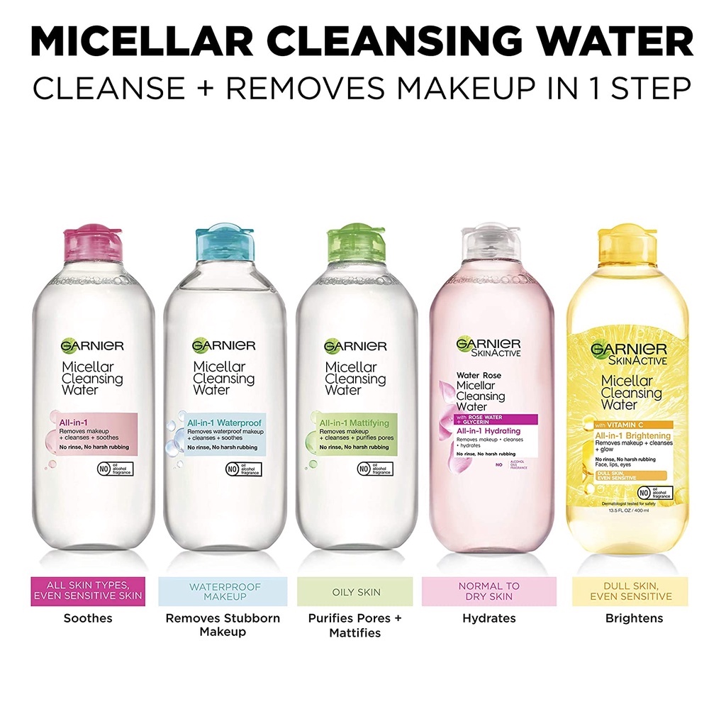 Garier Micellar Water / Garnier Micellar Cleansing Water / Garnier Pembersih Wajah / Pink / Biru / Vitamin C / Rose Water / Oil Infused