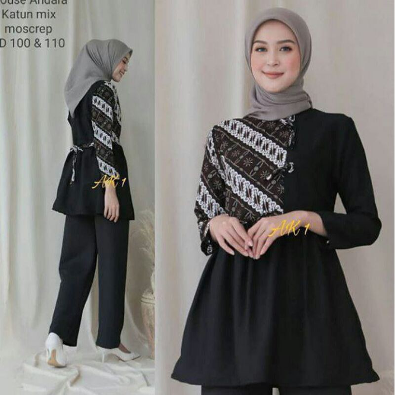 tey-17 Batik wanita ASJ SA HRB026 Kenongo Kemeja Tosca Pendek-Pita hitam akh