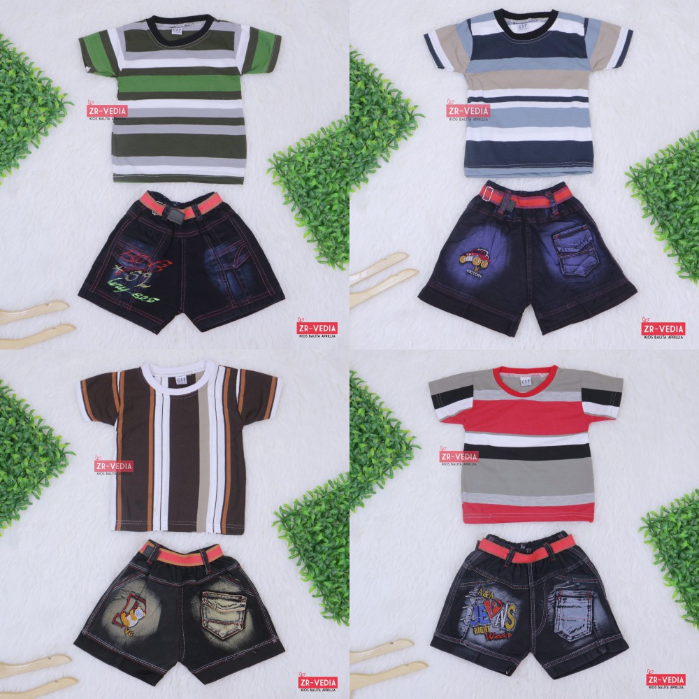 Setelan Salur Jeans uk 1-2 Tahun / Kaos Anak Murah Celana Jeans Murah Setelan Lengan Pendek Laki