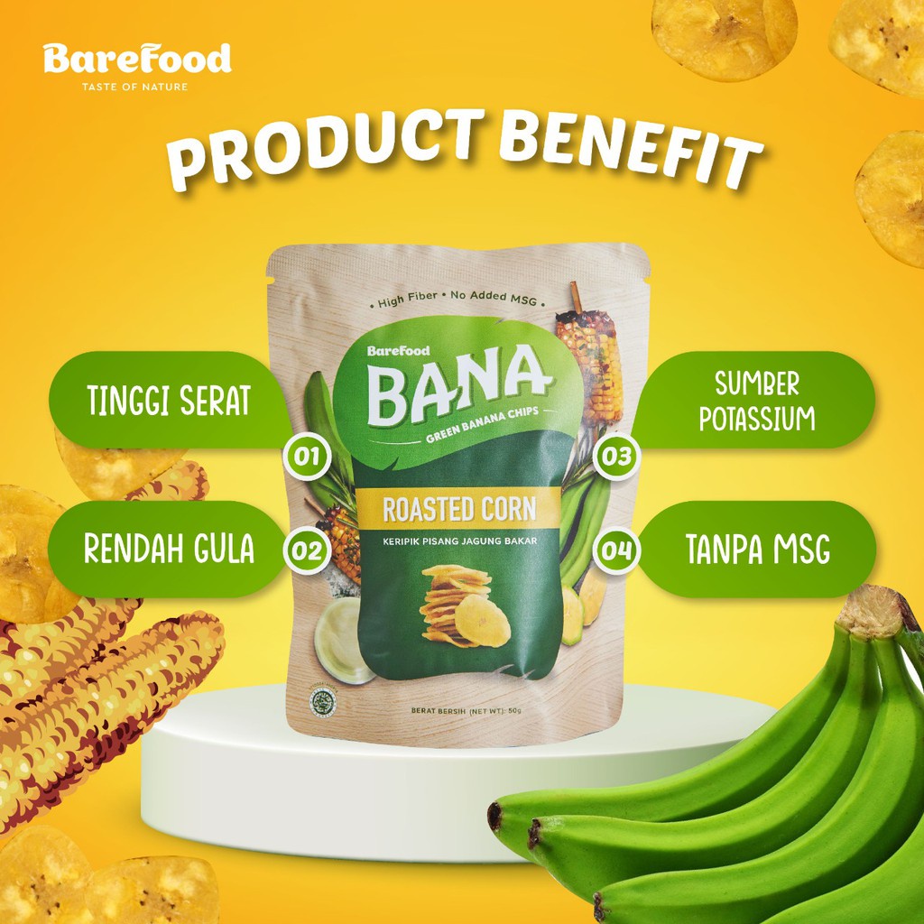 BANA Healthy Banana Chips 50g - Keripik Pisang - Roasted Corn/Barbeque BBQ - Cemilan Sehat Barefood