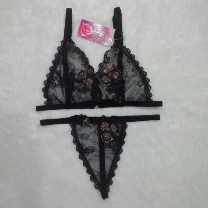 Termurah Bra Set Wanita Sexy Transparan Hitam Bunga Mas 8352