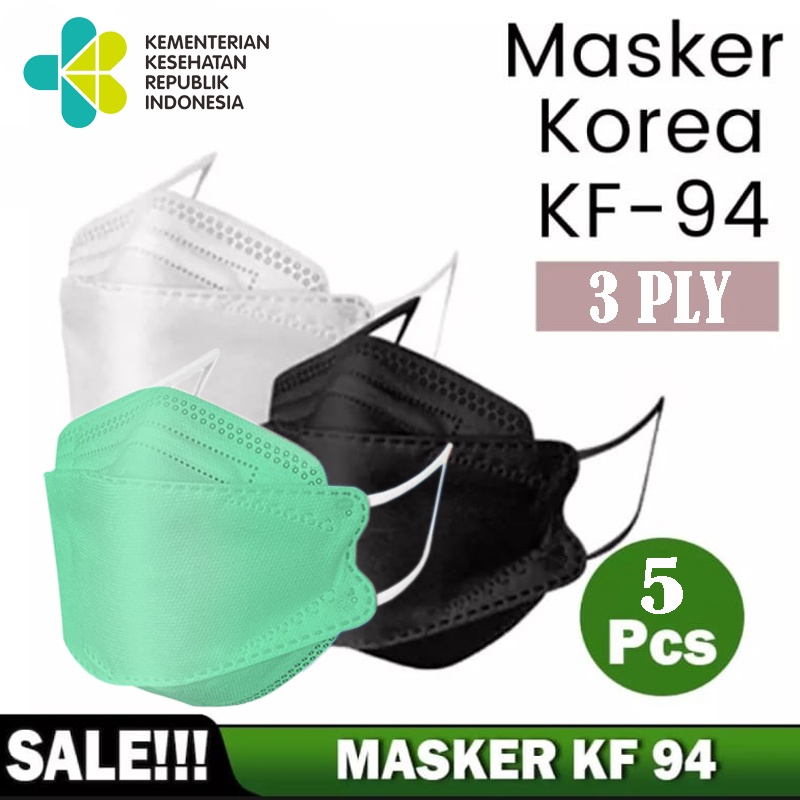 SALE! Masker KN94 3ply Earloop Mask [isi 5pcs &amp; 25pcs] Free 2 Konektor Korea Style IZIN KEMENKES