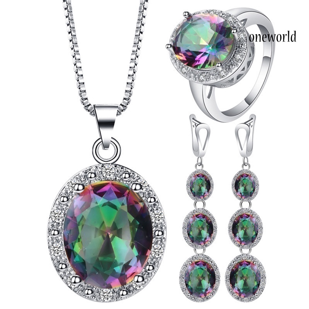 OW@ 3Pcs Necklace Fashion Elegant Multicolor Faux Topaz Pendant Jewelry Set for Women