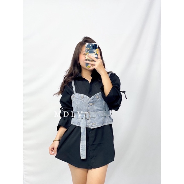 MDLV 2121 RHEXIA JEANS SET KOREA SET KEMEJA + VEST JEANS PREMIUM 1SET KEMEJA &amp; ROMPI FASHION IMPORT