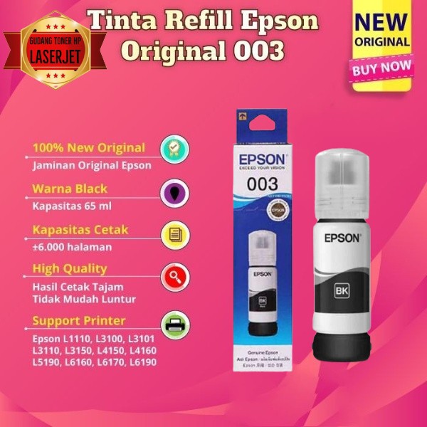 TINTA EPSON 003 HITAM ORIGINAL / L1110 L3100 L3101 L3150 L5190 -Hitam