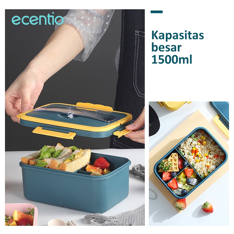 ecentio 3 Grids 1500 ml Lunch Box With Free Sendok dan Sumpit BPA Free Kotak makan portabel