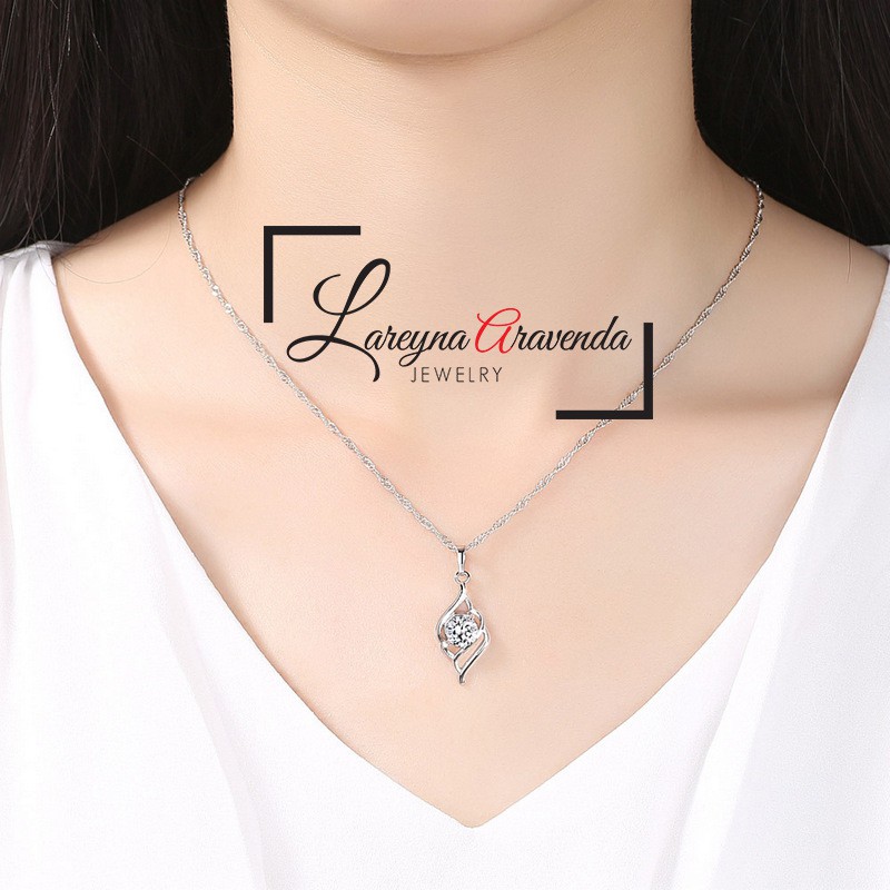 Kalung Titanium Asli + Liontin Model 3 Wave Crystal Kristal Zirconia KL021