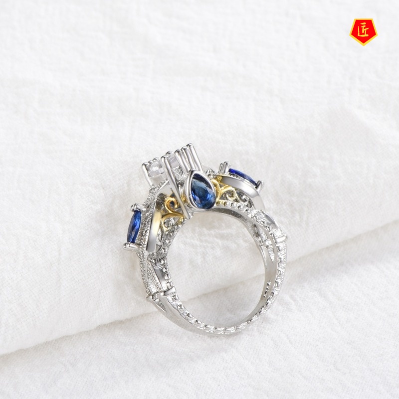 [Ready Stock]Fashion Personality Inlaid Blue Gem Two-Tone Ring 18K Gold