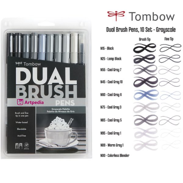 

Tombow Dual Brush Pen Set with Blender - Grayscale Palette Pack of 10 - Tombow ABT Brush Pen Set 10