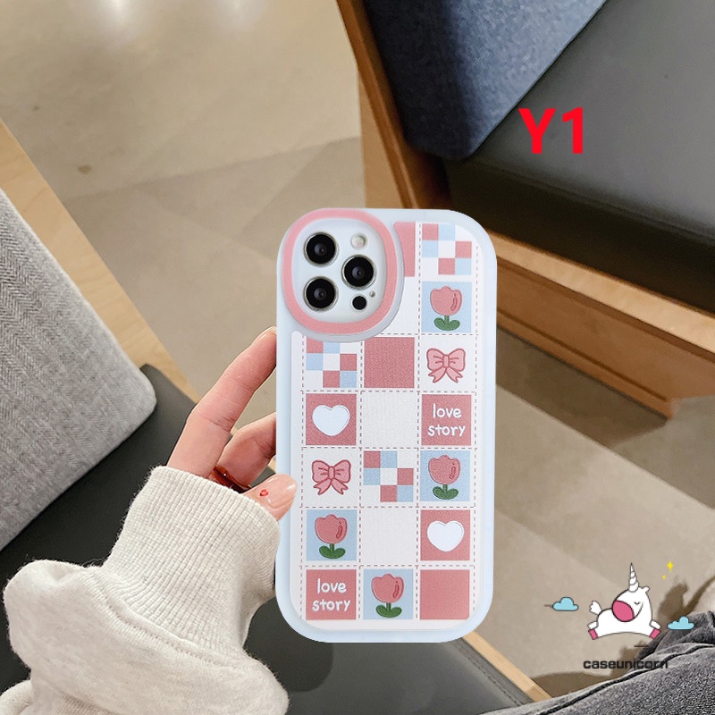 Soft Flower Case Realme C55 C15 C30 C53 8i 5 10 Pro Plus C25S C12 C21 C20A C20 C35 C31 C17 C1 C25 GT C3 5i 6i 8 7i 5S 8Pro C21Y Tahan Guncangan Cinta Hati Kotak-Kotak Lensa Oval Telepon She