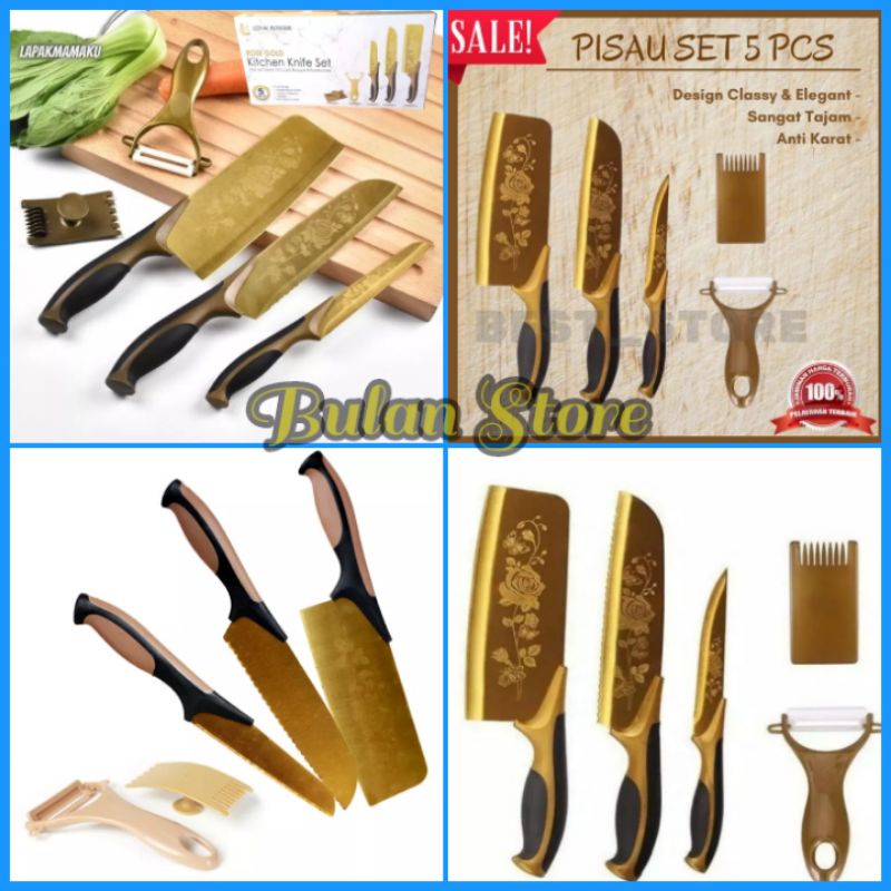 Set Pisau Dapur Isi 5 Pcs Pisau Dapur + Peeler Pisau Batu Maifan Set 5in1 Set Dapur Lengkap Plus Kup