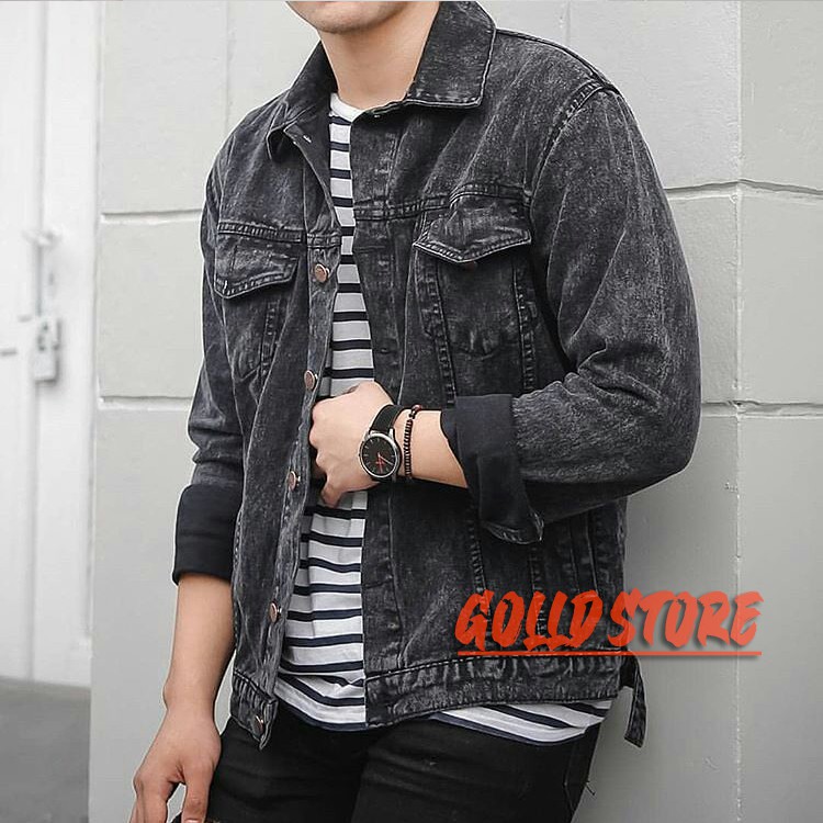 Promo Terkini Jaket Jeans Pria Sandwash sanwash abu hitam Pria Tebal Style Korea Jaket Jeans Pria