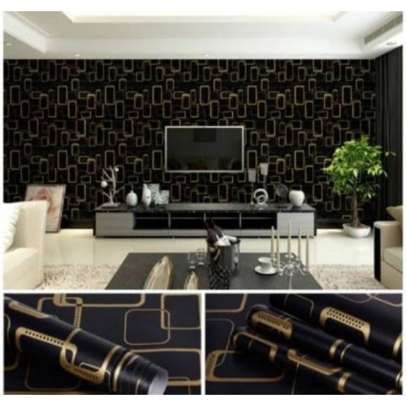 Wallpaper dinding motif hitam kotak gold