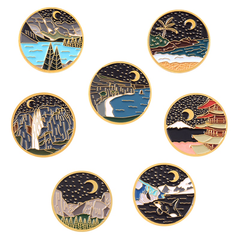 7 Styles Cartoon Starry Sky Moon Lapel Pin Mountains River Enamel Brooch Whale Backpack Badge Collectible Gift