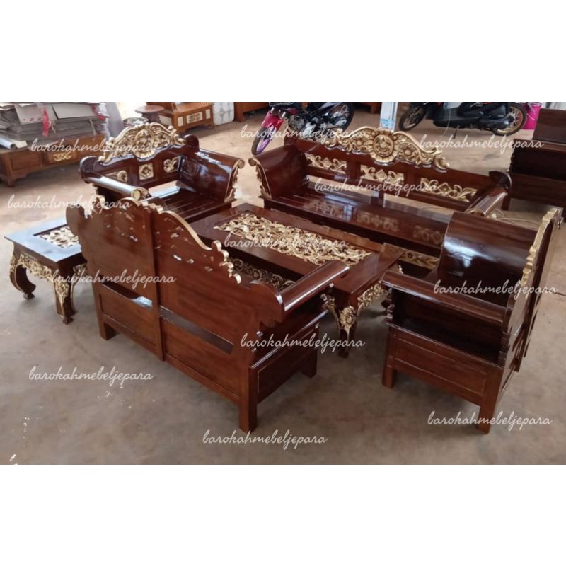 Kursi Tamu Jatu Ukir Jepara formasi dudukan 3211+meja besar & meja kecil bonus kaca meja