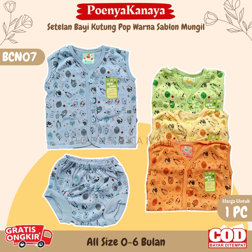 Setelan Baju Bayi Kutung Celana Pop Bayi Kancing WARNA SABLON MUNGIL Newborn SNI BCN07