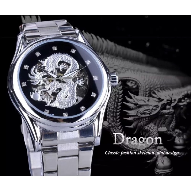 Jam Tangan Mekanik Otomatis Forsining Dragon Stainless Steel Silver Black