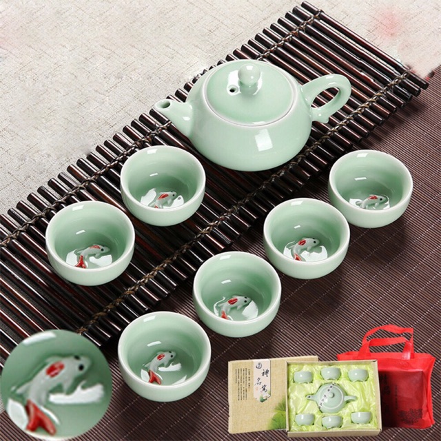 7 pcs Fish Ceramic Tea Set (Teko Teh Keramik 1 teko+ 6 cangkir) Teko Teh Keramik Ikan Koi