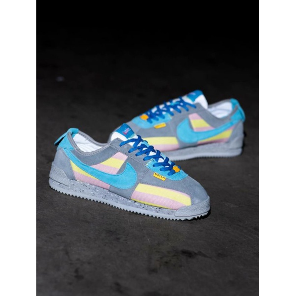 nike cortez x union grey yellow blue