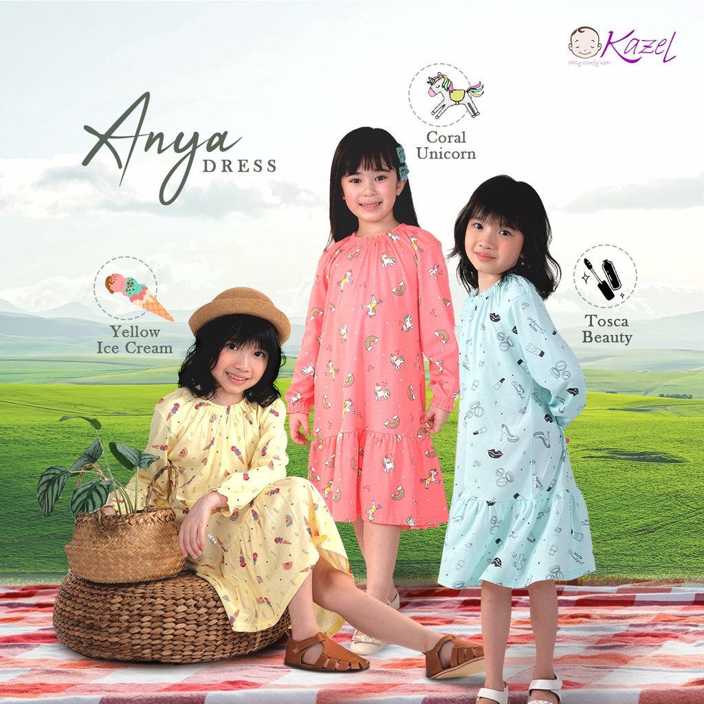 Baju Dress Anak Perempuan Motif Lengan Panjang Kazel Anya 1 -5 Tahun