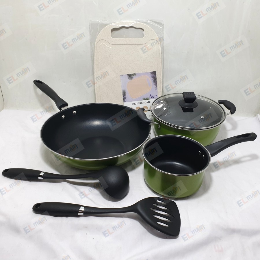 Panci Set Wok Sauce Pan Frypan Asta Kiwiz 7pc Anti lengket Induksi Elegan design original