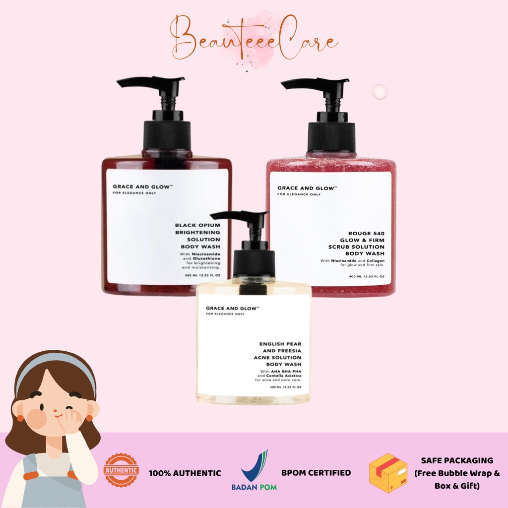 GRACE and GLOW Black Opium Brightening | English Pear &amp; Freesia Anti Acne Body Wash | Rouge 540 Glow &amp; Firm Scrub Solution Body Wash