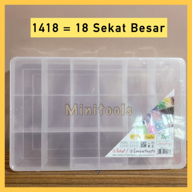 kotak Plastik 18 Sekat Besar / Kotak Perkakas 18 Sekat / Green Leaf 1418