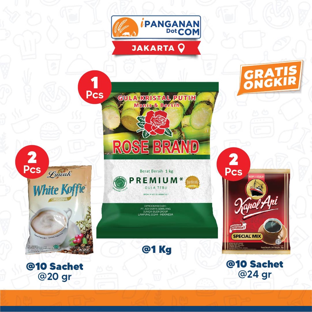 Paket Ngopi Nikmat - Luwak White Koffie Renceng 20 Gr x 2 Pack, Kopi Kapal Api Special Mix Renceng 25 Gr x 2 Pack dan Gula Pasir Rose Brand Premium 1 Kg [Gratis Ongkir] - JKT