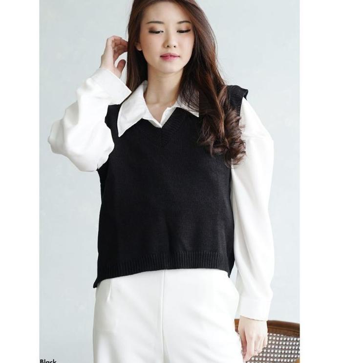 LANGSUNG KIRIM.. PROMO NNS ONE SET VEST CABLE+KEMEJA PUTIH/BAJU WANITA/RAJUT PREMIUM OUTERWEAR