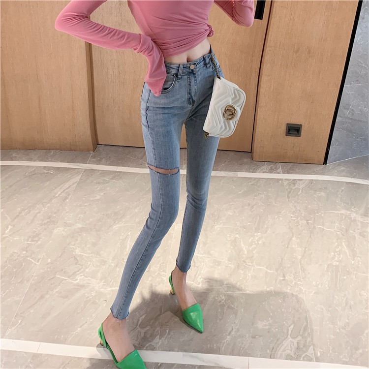 Fashion Tinggi Pinggang Pelangsing Stretch Ripped Jeans Kurus Tappered Pensil Celana Wanita