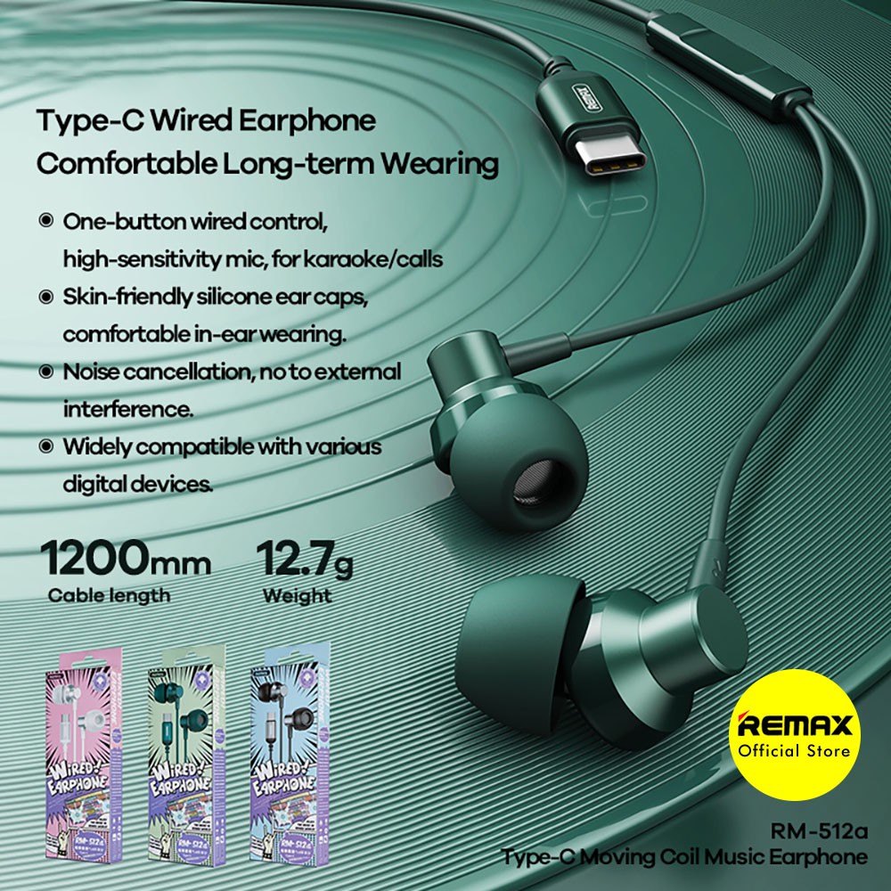 Earphone Type-C Remax RM-512A Metal Premium Handsfree Headset Original