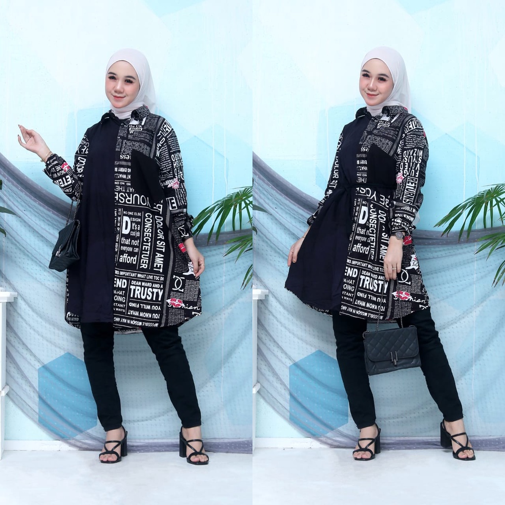 Tunik rayon motif koran kombinasi