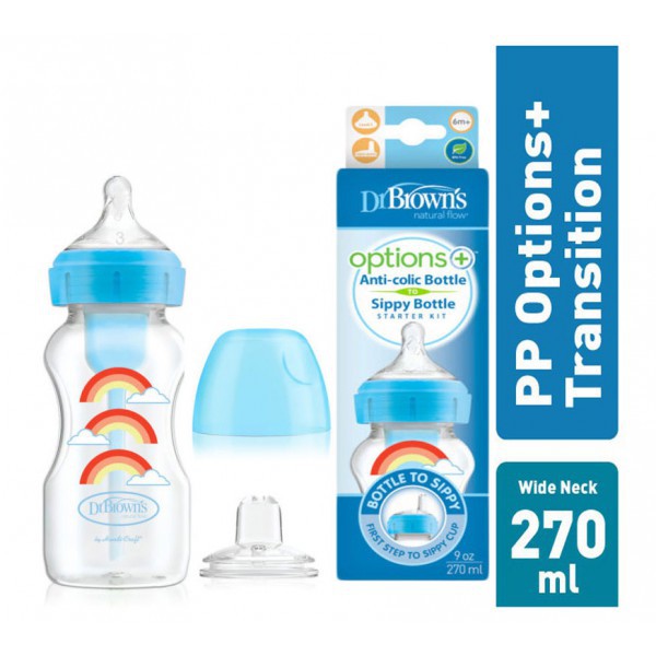 Dr Brown PP 2in1 Transition Bottle Options plus Wide Neck + Sippy Spout 270ml (Ready Pilihan Warna)