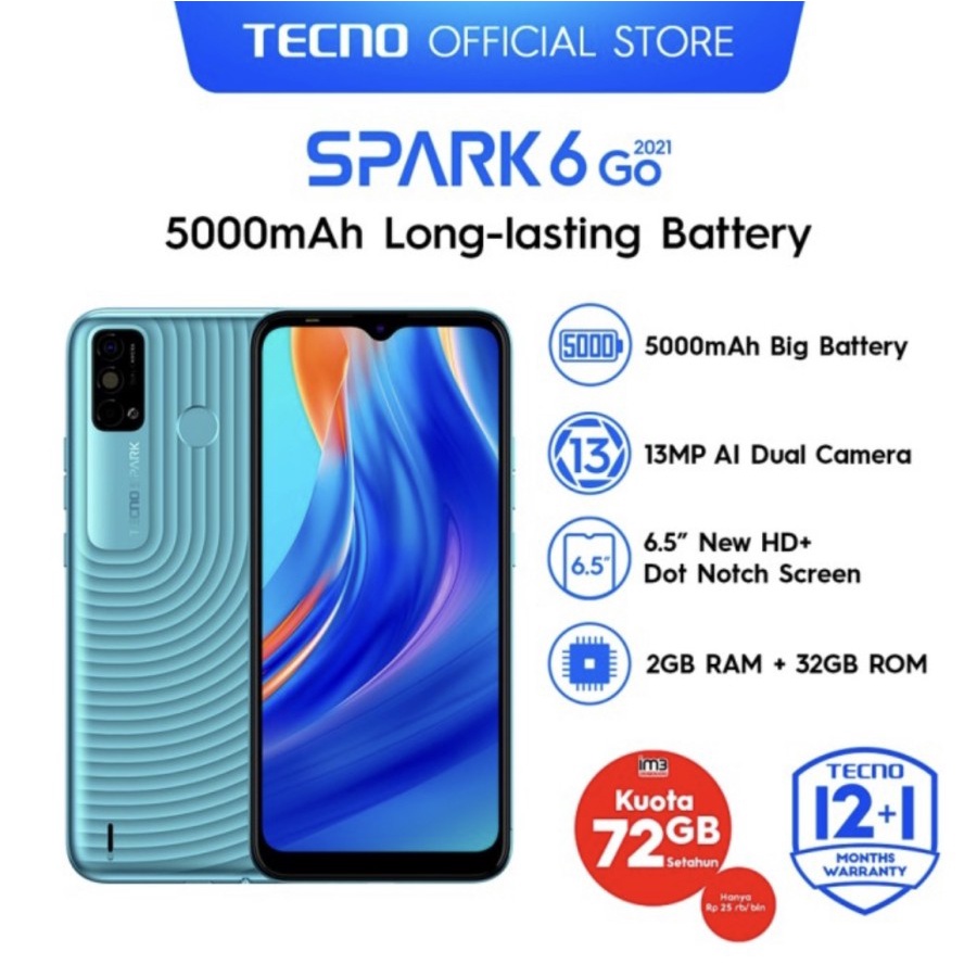 Tecno Spark 6 Go 2021 4/64 Ram 4GB Internal 64GB Garansi Resmi