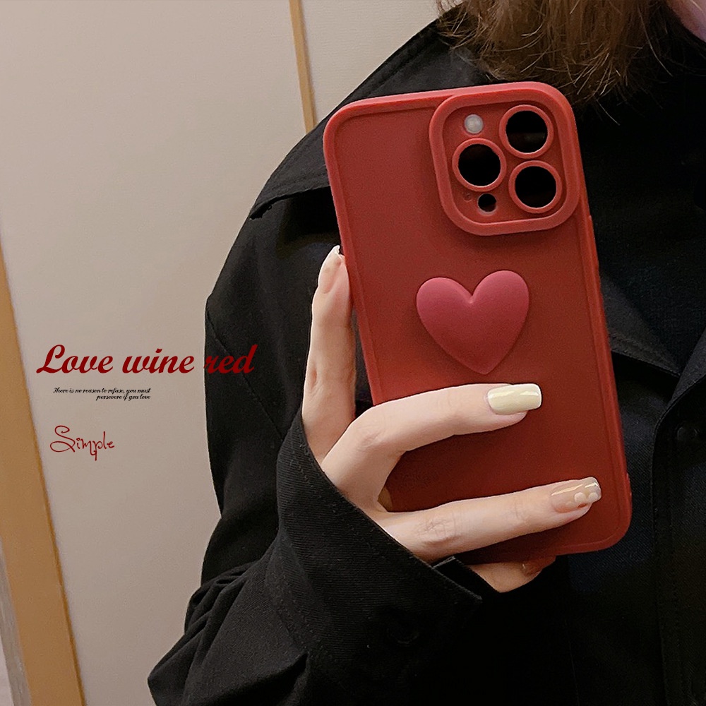 Case Pelindung Penuh Desain Hati 3D Warna Wine Red Polos Untuk Iphone 7 8 PLUS XR XS 11 12 13 MINI PRO MAX SE