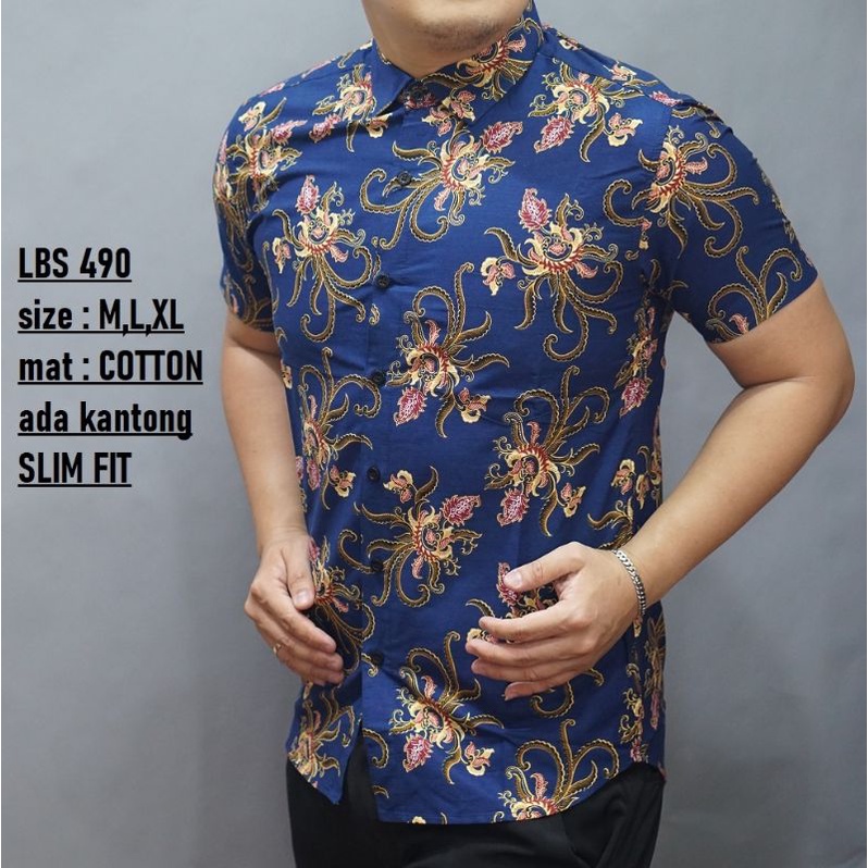 LBS 1041 HEM KEMEJA BATIK PRIA SLIM FIT LENGAN PENDEK LUIGI BATANI