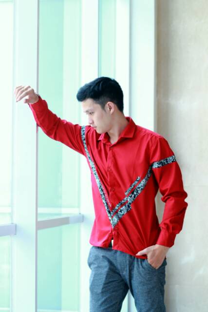 Kemeja Batik Pria Modern Merah M L XL XXL