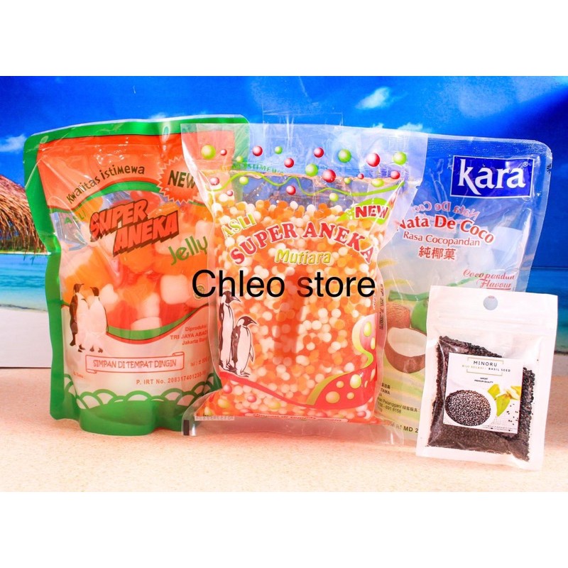 

Paket Hemat 1 ( jelly , bubble , nata kara , selasi) merk super aneka jelly