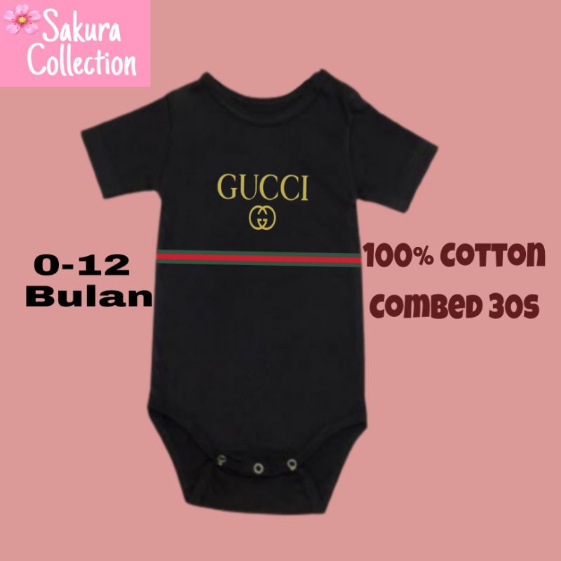 Kaos baju bayi jumper baby kids pendek viral logo tulisan merk Brand GUCCI usia 0 1 2 3 4 5 6 7 8 9 10 11 12 bulan sampai umur 1 tahun adem jumpsuit babysuit romper bodysuit little anak kecil hitam style laki laki perempuan unisex nyaman lembut banget