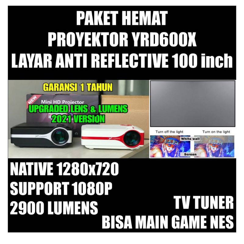 PAKET Yourday YRD600X Proyektor Mini LED HD Gaming Projector TV TUNER & LAYAR