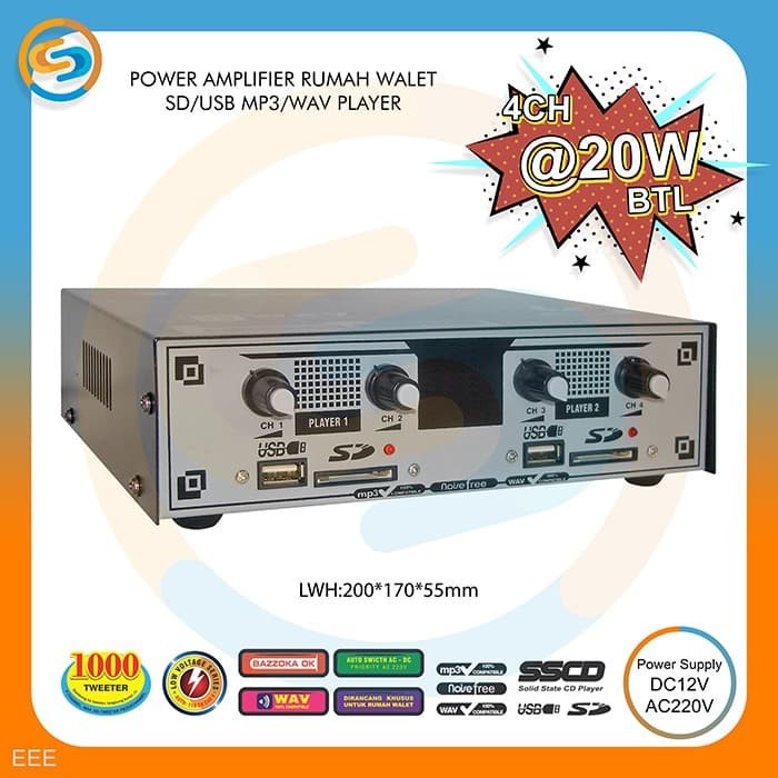 POWER AMPLIFIER RUMAH WALET 4 CH SD USB MP3 WAV PLAYER EEE