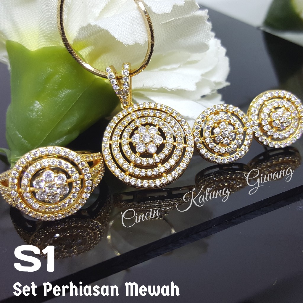 S1 Set Perhiasan Imitasi Xuping Lapis Emas Paket Cincin Anting Kalung