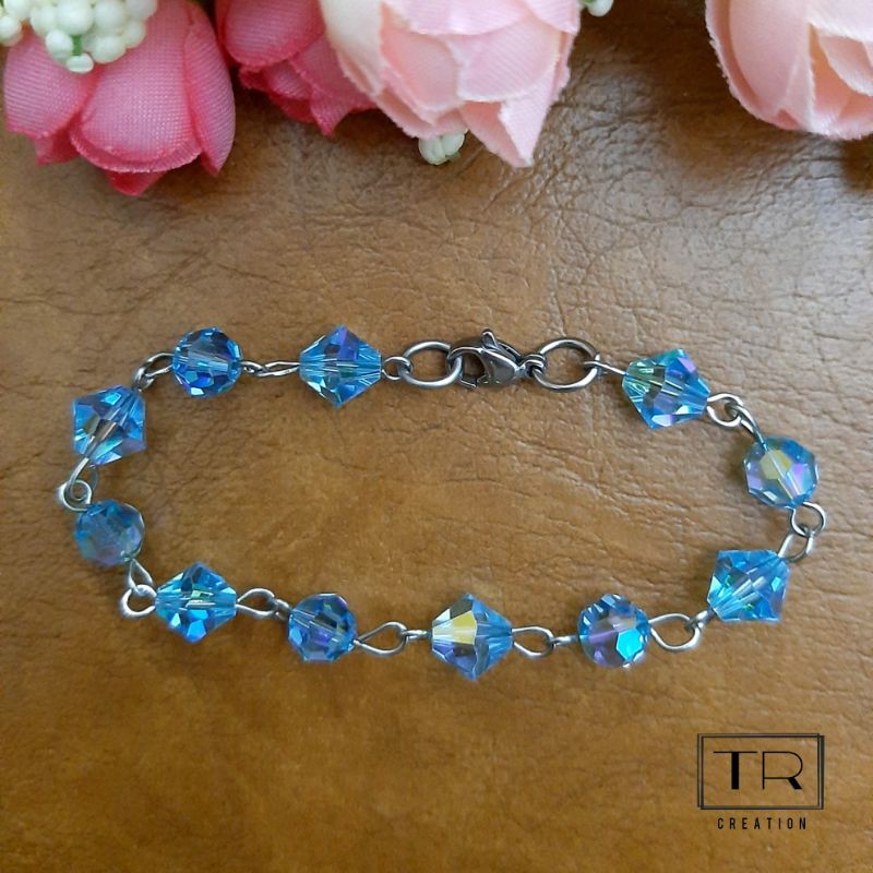 Gelang Swarovski Original Warna Biru Rantai Anti Karat