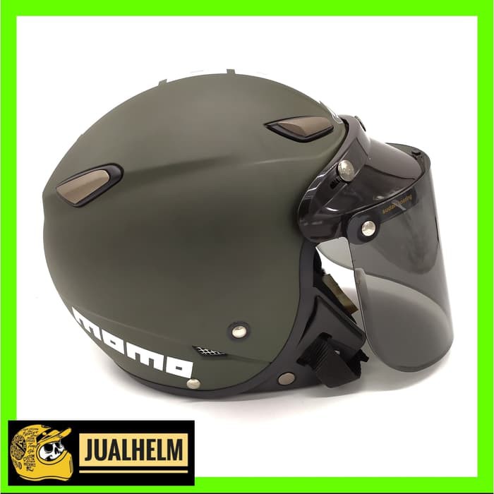 Helm JPN MOMO Hijau Army +Kaca Datar INJAK (Retro/Bogo/Klasik/Classic)