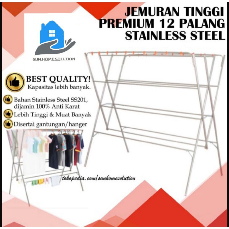 Jemuran Baju Stainless Steel 12 Palang PREMIUM 2 Meter Tinggi Besar dengan Gantungan Hanger