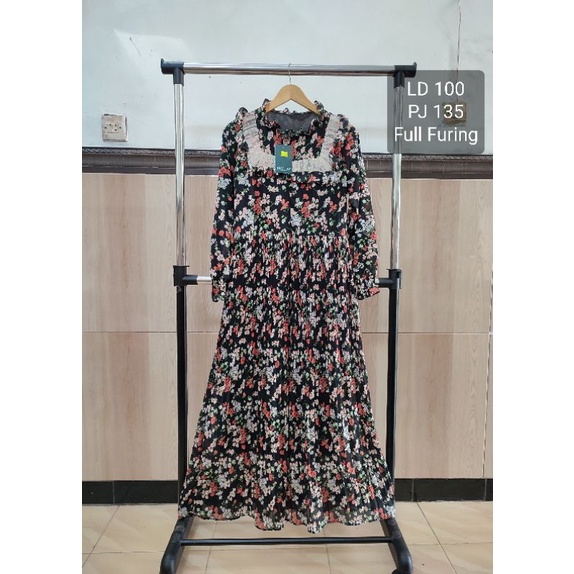 Gamis maxy dress ceruty full furing plisket renda dada