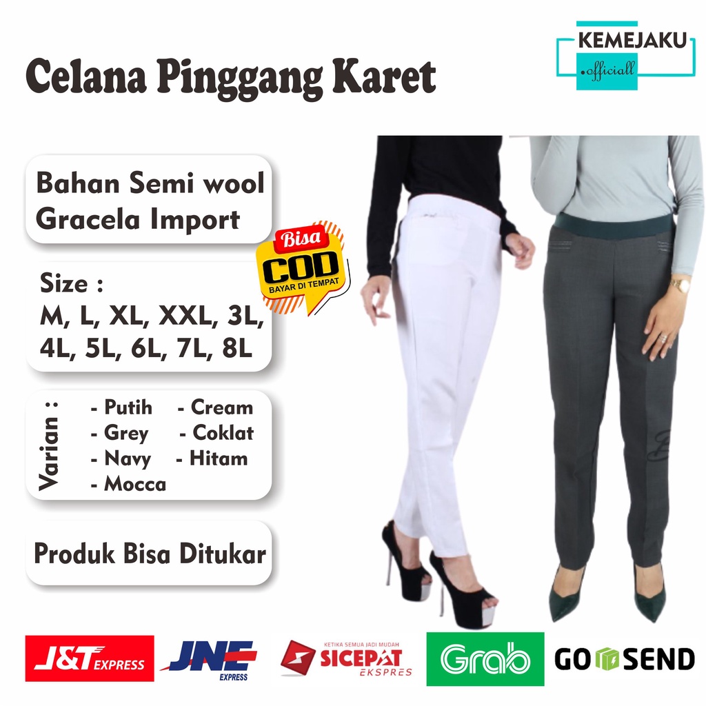 KO Celana Putih Polos Wanita Pinggang Karet JUMBO Wanita Celana Kantor Big Size Celana Kerja