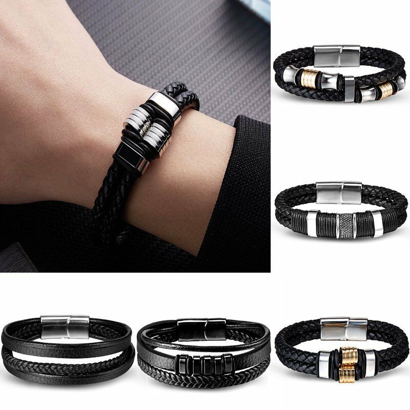 Panas Kulit Gelang Pria Stainless Steel Kulit Anyaman Gelang Multilayer Kulit Pria Klasik Fashion Perhiasan Aksesoris Hadiah gelang