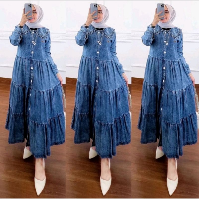 MIDI Dress Jeans / Dress Midi Wanita / Kiara dress Midi Terlaris / Cod